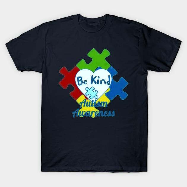 Autism Awareness Be Kind Puzzle and Heart Design T-Shirt by mythikcreationz